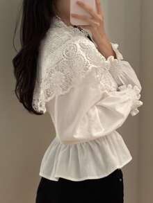DAZY Women's Lace Patchwork Pleated Casual Daily Wear Blouse - White - View 4