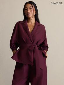 COSMINA Setelan Blus dan Celana Panjang Lengan Mengembang Warna Burgundy untuk Wanita, Pakaian Dua Potong Lengan 3/4 - Burgundy - View 5