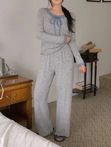 DAZY 2pcs/Set Women's Plaid Patchwork Contrast Color Long Sleeve T-Shirt & Straight Leg Long Pajama Pants Sleepwear Set - Grey - View 11