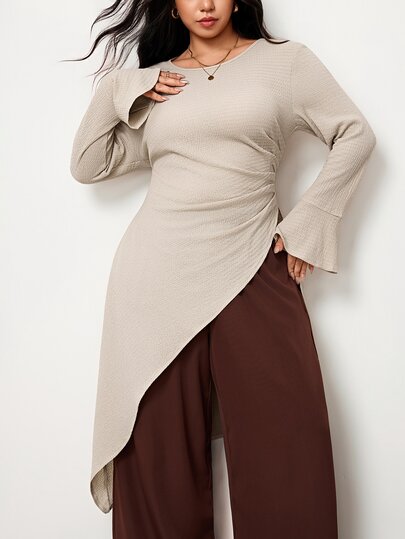 Truni Plus-Size Women's Elegant Loose-Fitting Flared Long-Sleeved ShirtPear Body,Triangle Body