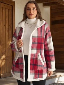 EMERY ROSE Jaket Wanita Ukuran Besar Motif Kotak-kotak Berkerudung dengan Lapisan Bulu Domba, Pakaian Musim Dingin Musim Gugur/Musim Dingin 2026, Mantel Vintage, Pakaian Musim Dingin, Busana Musim Dingin untuk Wanita - MultiWarna - View 7