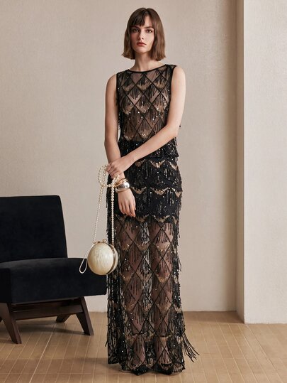 Arave Women Long Evening Dress Slim Straight Sequin Mesh Fringe Layered Tassel Elegant Luxury Vintage Black Gold Rhombus Elegant Party Dress Halloween