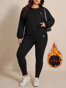 Comfylo Plus Size Women's Knight Graphic Long Sleeve Top And Pants Casual Daily Outfit Set - Black - View 1