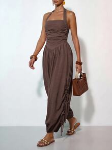 Zivah Women's Halter Neck Backless Tie Back Wide Leg Drawstring Jumpsuit - Coffee Brown - View 9