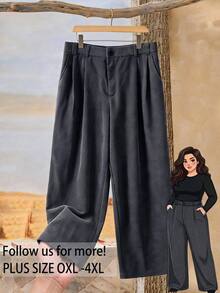 Rusticease Plus Size Women Button Pleated Design Pocket Loose Long Pants Winter - Grey - View 3