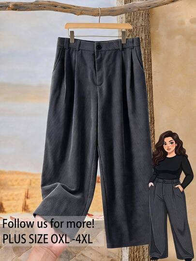 Rusticease Plus Size Women Button Pleated Design Pocket Loose Long Pants Winter Fall