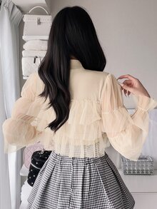 FRIFUL Women's Front Tie Patchwork Multi-Layer Mesh Ruffle Long Sleeve Top - Apricot - View 3