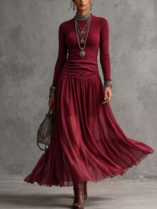 LUMIGAL AB Color Block Knit Faux Sweater Ribbed Fitted Semi-High Neck A-Line Vintage Elegant Versatile Inner Layer Party Outing Commute French Style Women's Dress - Burgundy - View 3