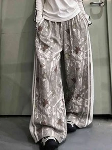 SHEIN 青少年女孩復古寬鬆植物印花運動長褲，棕色與白色波點側條紋休閒長褲，適合夏季與感恩節 - 淺灰色 - 查看 1
