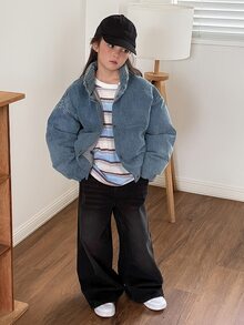 Dazy Kids Girls' Loose Fit Collared Long Sleeve Thick Denim Jacket Coat, Autumn/Winter, Cotton Padded, Size Large - Blue - View 8