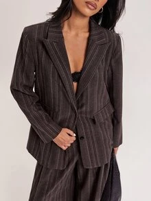SHEIN BAE Women's Casual Striped Long Sleeve Blazer Jacket For Office And Business - Brown - View 5