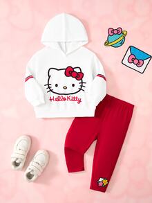 HELLO KITTY AND FRIENDS | SHEIN طقم سويت شيرت وبنطلون بطبعة كرتونية مع بطانية رأس للبنات الرضع - متعدد الألوان - مشاهدة 1