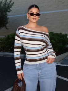 SHEIN SXY Women's Striped Asymmetrical Shoulder Long Sleeve Casual Sweater - Multicolor - View 1