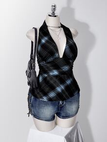 SHEIN ICON 大尺碼女款格紋休閒百搭日常穿搭掛脖上衣 - 藍色 - 查看 7