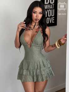 Coolane 女款秋冬街頭風休閒海灘度假波希米亞西式彈性蕾絲鼠尾草綠V領無袖迷你荷葉邊分層洋裝 - 綠色 - 查看 6
