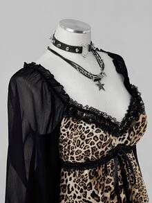 Sunspun Plus Size Women's Lace Patchwork Leopard Print Sexy Versatile Blouse - Multicolor - View 4