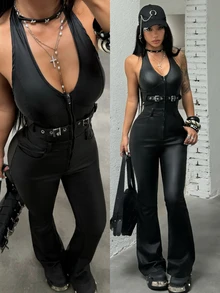 Jeanoix Women's Solid Color Casual Daily Wear Halter Neck Jumpsuit - Black - View 8