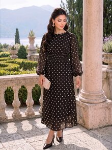 Dripcurv Plus Size Women Polka Dot Casual Party Summer Dress - Brown - View 5