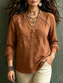 Linhara CURVE Women's Plus Size Faux Linen V-Neck Patchwork Lace Hollow Out Blouse Long Sleeve Loose Brown Shirt Fall - Brown - View 6