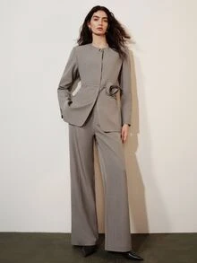 Aveloria Modichic European And American Style Autumn/Winter New Fashion Versatile Solid Color Diagonal Stripe Round Neck 3D Floral Decor Blazer And Pants Suit Set For Women - Khaki - View 1