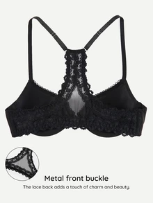 Bralution Black Underwire Molded Cup High Support Push Up Lift Front Closure Lace Patchwork Beautiful Back Minimalist French Style Women's Bra - Black - View 2