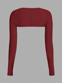 SHEIN EZwear Plus Size Women Simple Versatile Cropped Long Sleeve Top Fall - Burgundy - View 2