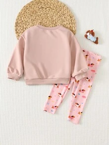 Cozy Pixies 女嬰連帽衫與運動衫套裝，針織運動衫套組，兒童泡泡印花臘腸狗圓領長袖上衣與全印花下身，修身版型，柔軟舒適可愛風格，適合初秋、秋季與冬季 - 粉色 - 查看 3