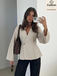 Siren Gaze Women's Casual Button Waist Cinched Striped Blazer Jacket - Multicolor - View 9