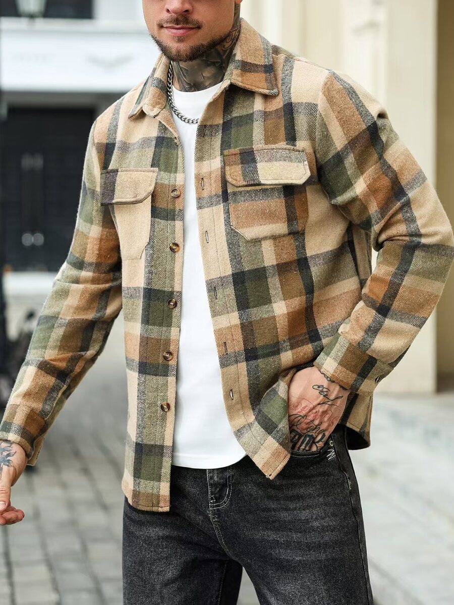 Manfinity Homme 男士格紋單排扣長袖休閒襯衫 - 棕色 - 查看 1