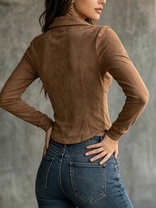 SHEIN 女款純色翻領長袖修身休閒襯衫 - 卡其色 - 查看 2