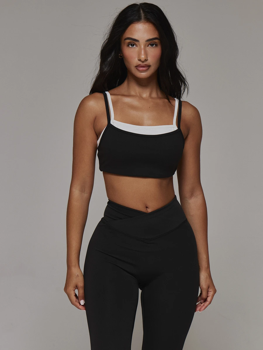 Musera Sport Double Layered Contrast Colour Sport Logo Fitted Sports Bra Coord Top Only Sport Essentials Basics Gym Workout Autumn Fall Winter - Black - View 1