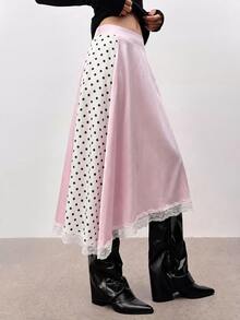 Lumivelle Women's Sweet Polka Dot Print Contrast Lace Trim Asymmetrical Skirt - Pink - View 3