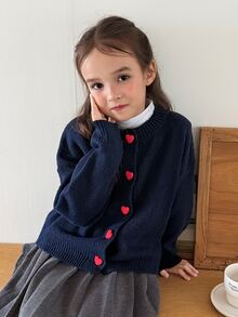 DAZY Kardigan Polos Warna Solid dengan Desain Hati dan Kancing untuk Anak Perempuan Tween, Leher Bulat, Lengan Panjang - Navy Blue - View 9