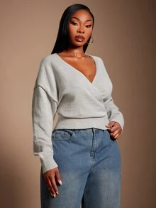 SHEIN SXY Light Gray V-Neck Overlap Tie Long Sleeve Cropped Sweater - Light Grey - View 4