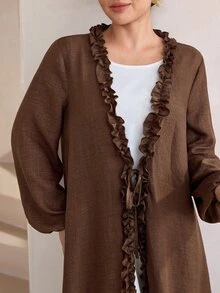 Graceveil Women's Arabic Abaya Elegant Casual Lantern Sleeve Ruffled Collar Front Opening Long Robe, Brown, Spring/Autumn Clothing - Brown - View 5