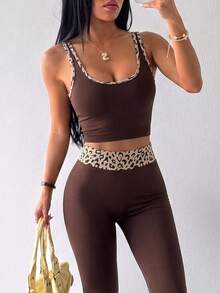 SHEIN Dewbera Tank Top Yoga Olahraga Tanpa Jahitan/Trim Motif Leopard Warna Kontras/Modis Seksi/Nyaman - Coffee Brown - View 3