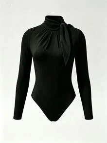 INAWLY Women's Solid Color Casual Daily Long Sleeve Bodysuit - Black - View 7