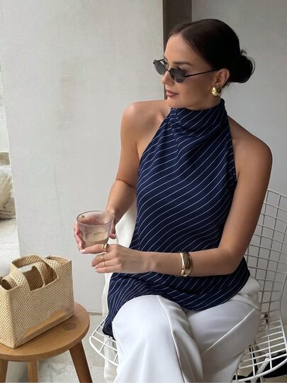 Firerie Women's Summer Elegant Minimalist Casual Vacation Daily Commute Fashion Streetwear New Draped Backless Halter Neck Polka Dot Print Asymmetrical Hem Blouse Top