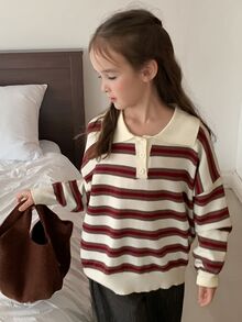 DAZY (Gadis Remaja) Sweater Longgar Berkerah Garis-garis Kasual Potongan Lurus Lengan Panjang Warna Kontras, Musim Gugur/Dingin - Aprikot - View 8