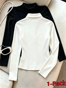 Resyla Women's High Neck Long Sleeve Solid Color Knit T-Shirt, Spring/Autumn - White - View 2