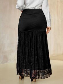 Roveilla Plus Size Knit Black Ruched Lace Skirt - Black - View 2
