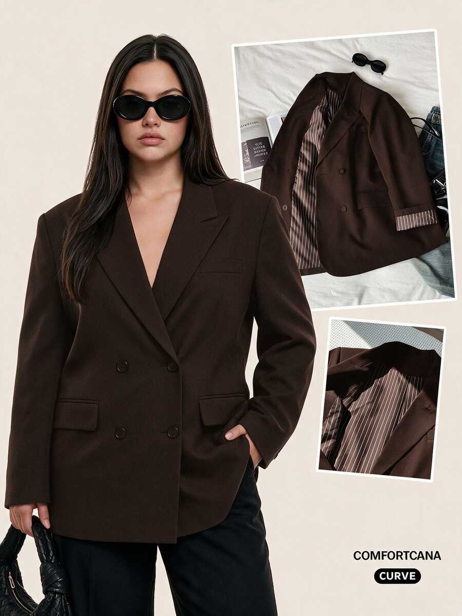 Comfortcana Plus Size Women Solid Color Casual Versatile Commute Travel Blazer Jacket - Chocolate Brown - View 1