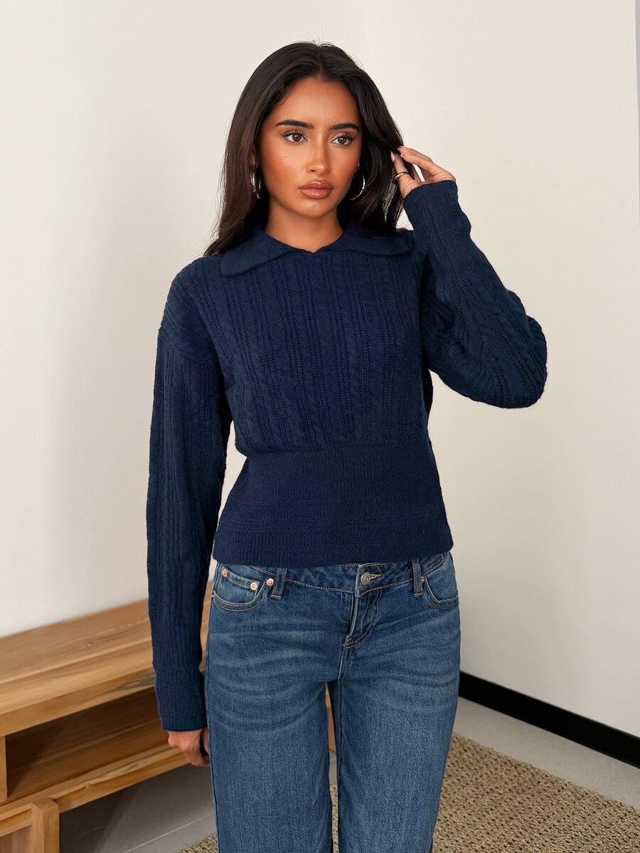 SHEIN Glamour Atasan Rajut Wanita Warna Polos Kasual Serbaguna untuk Pemakaian Harian - Navy Blue - View 1