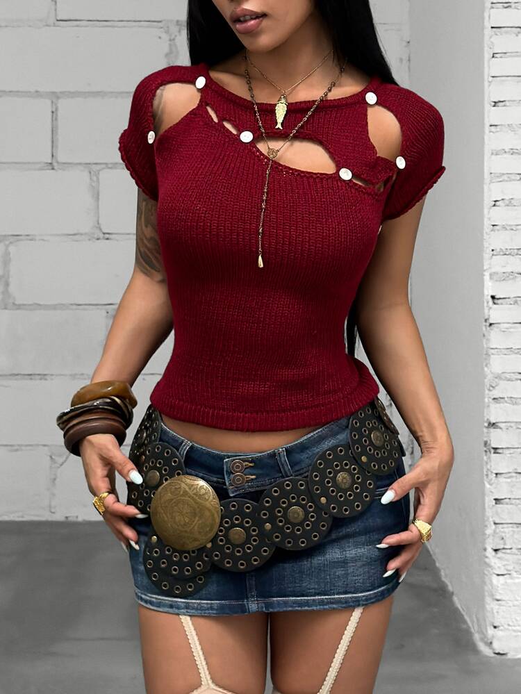 Jeanoix Spring/Summer Solid Color Hollow Knit Sweater Vest, Pullover Button Sleeveless Top, Hot Girl Style - Burgundy - View 3