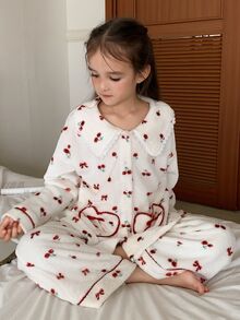 DAZY Girls (Large) Lapel Long Sleeve Cherry Pattern Top + Straight Leg Pants Casual 2 Pieces Set - White - View 7