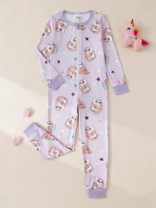 1件裝少女針織高彈性貼身舒適柔軟可愛紫色滿版印花家居服，秋冬季節，居家穿著，百搭時尚，最佳選擇 - 紫色 - 查看 2