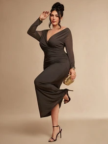 SHEIN BAE CURVE Plus Size Women's Multi-Color Ruffle Ruched Cup Camisole Dress, Elegant Beach Vacation Dress - Coffee Brown - View 4