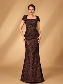 Serin Gaun Pengantin dan Ibu Warna Kopi Elegan Mewah Bahu Terbuka Pas Badan dengan Kelim Mermaid Cocok untuk Semua Acara Formal - Coffee Brown - View 2