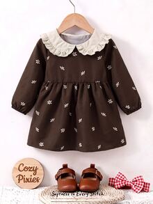 Baby Girl Peter Pan Collar Daisy Pattern Long Sleeve Cute Dress - Multicolor - View 5