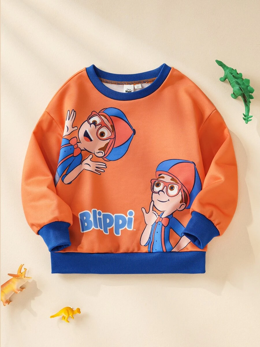 Blippi X SHEIN 小男孩圓領長袖卡通印花運動衫 - 橘色 - 查看 1